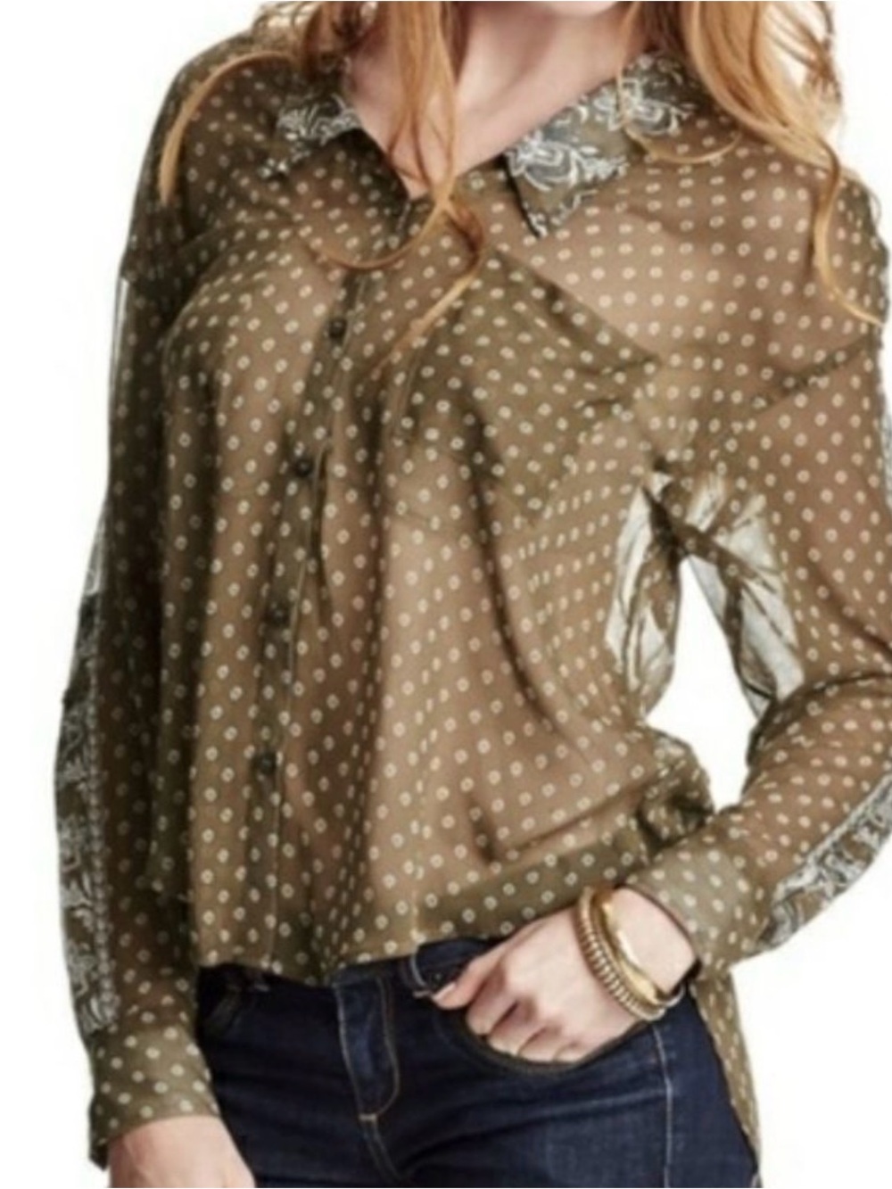 Free People Patterned Sheer Long-Sleeve Blouse - Olive